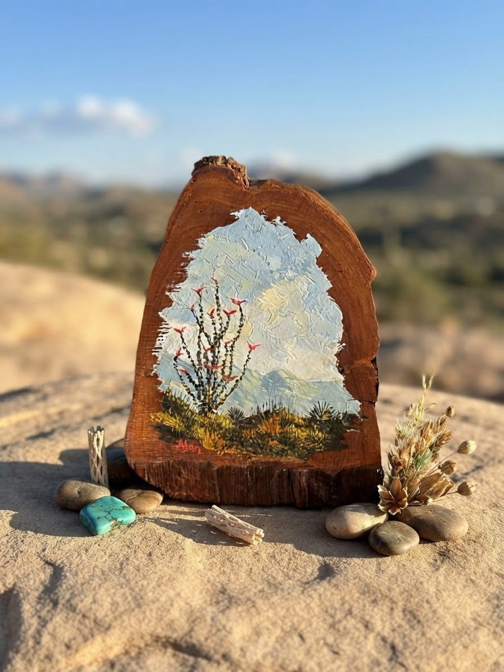 Handpainted Desert Ocotillo Wood Slice Southwest Art Signed by Alan